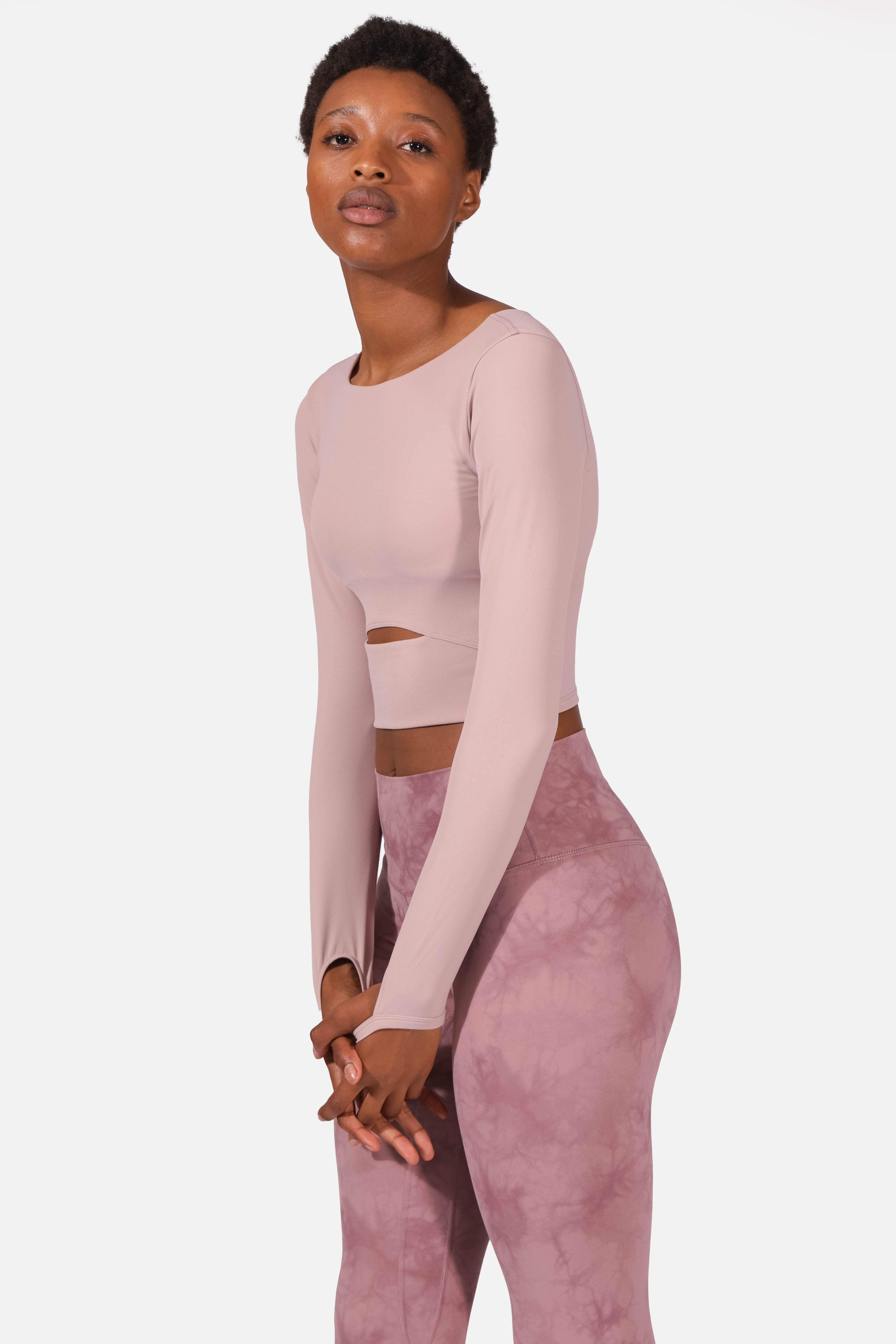 Keyhole Cutout Long Sleeve Padded Crop Top - Pink Women's Long Sleeve Tees Jed North 