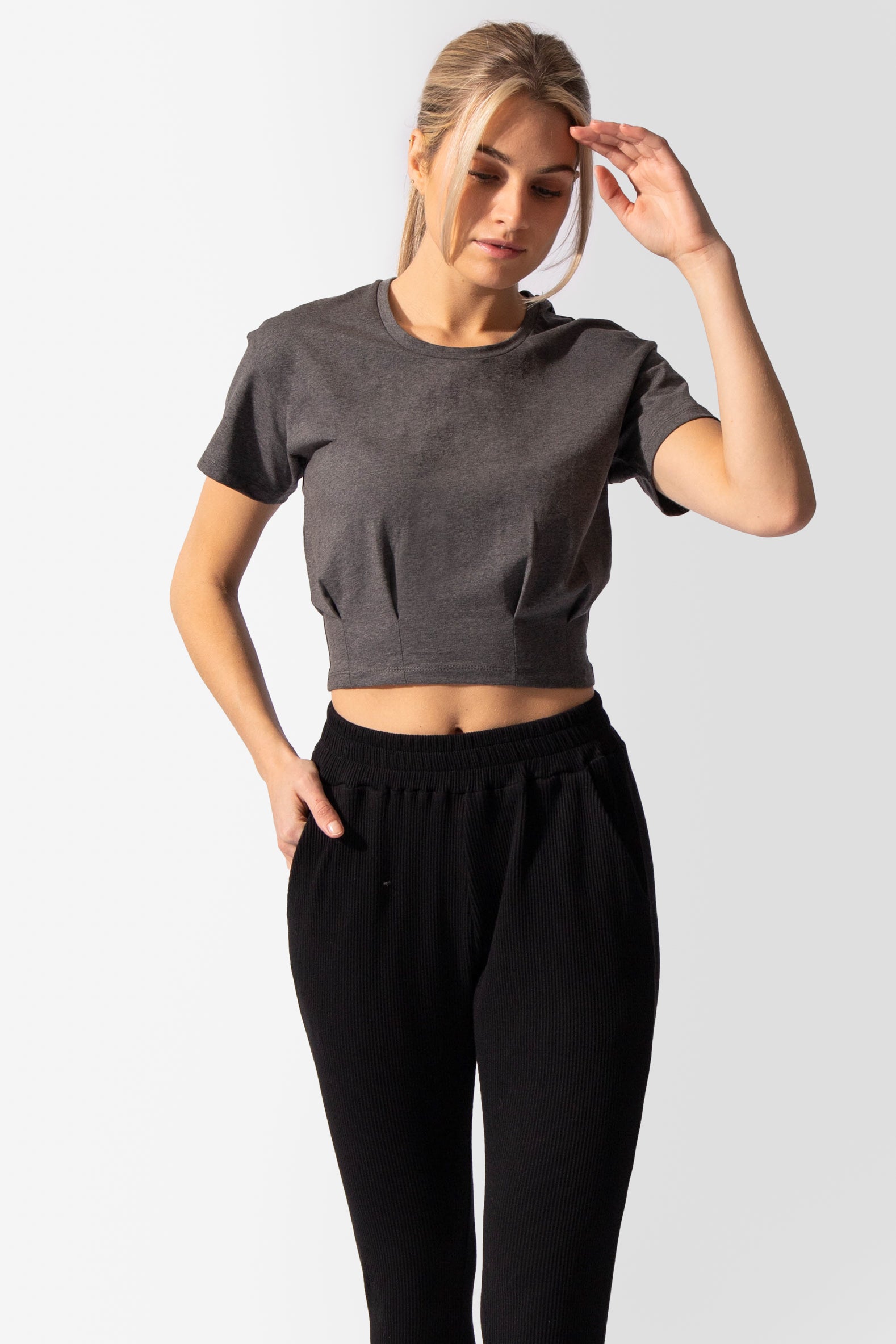 Pleated Hem Crop Top Short Sleeve T-Shirt - Dark Gray Women's Crop Top Jed North 