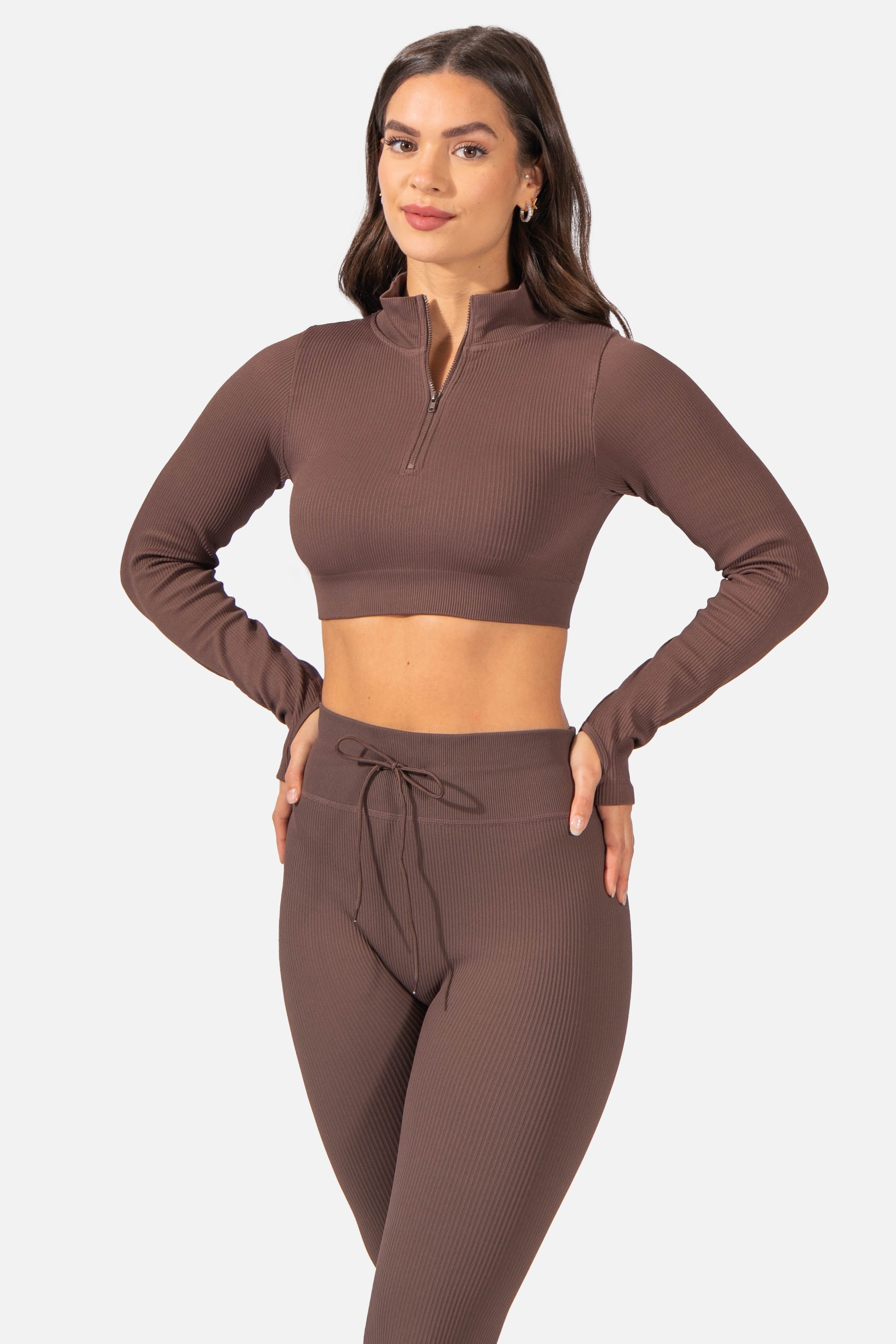 Ribbed Zip-Up Workout Long Sleeve Crop Top - Brown Women's Crop Top Jed North 
