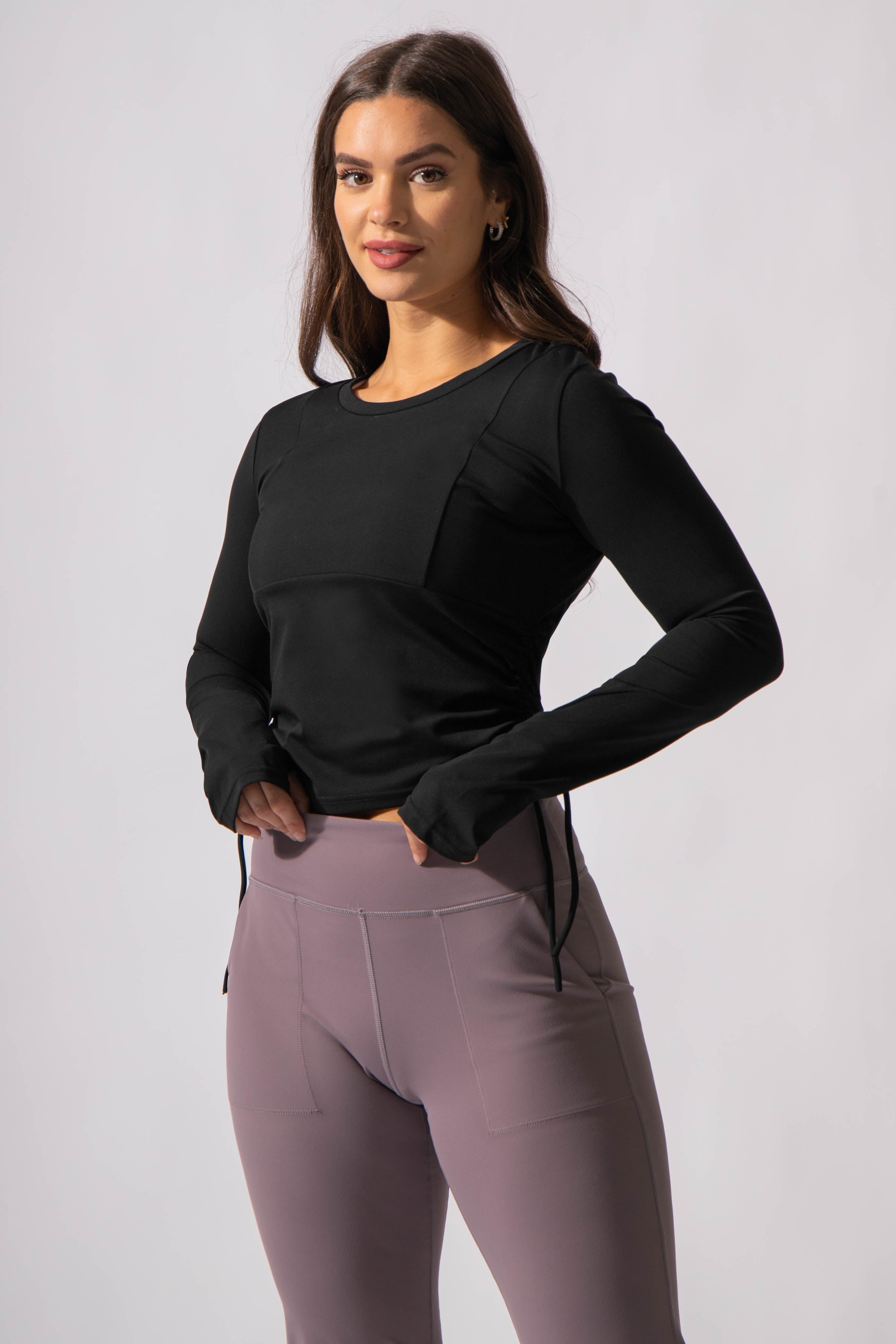 Side Ruched Workout Long Sleeve - Black Women's Crop Top Jed North 