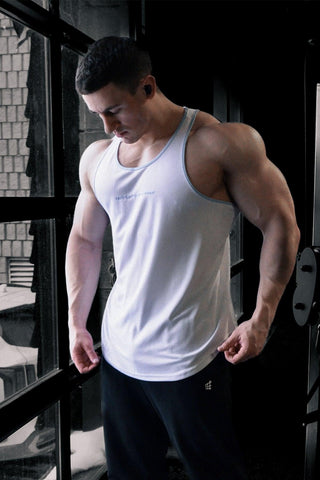 Fast-Dry Bodybuilding Workout Stringer - White with Blue