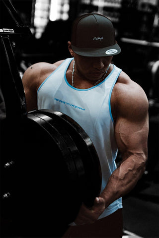 Fast-Dry Bodybuilding Workout Stringer - White with Blue