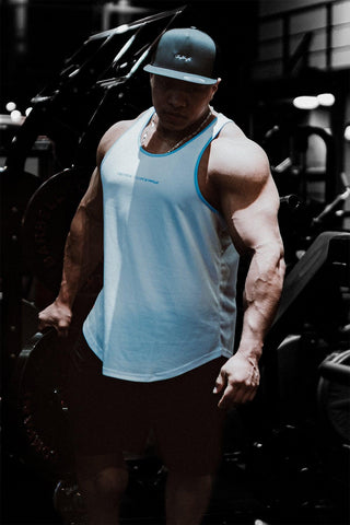 Fast-Dry Bodybuilding Workout Stringer - White with Blue