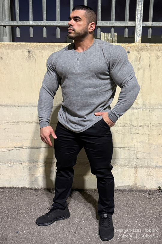 Waffle Knit Henley Long Sleeve T-Shirt - Dark Gray