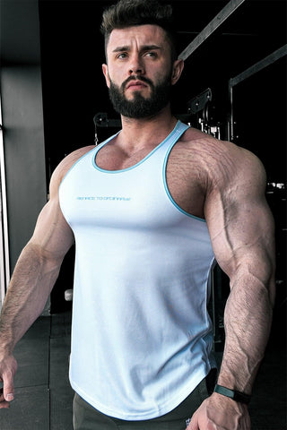 Fast-Dry Bodybuilding Workout Stringer - White with Blue
