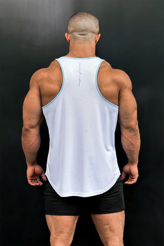 Fast-Dry Bodybuilding Workout Stringer - White with Blue