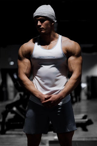 Fast-Dry Bodybuilding Workout Stringer - White with Blue