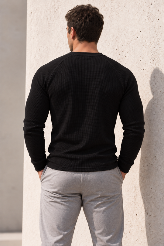 Waffle Knit Henley Long Sleeve T-Shirt - Black