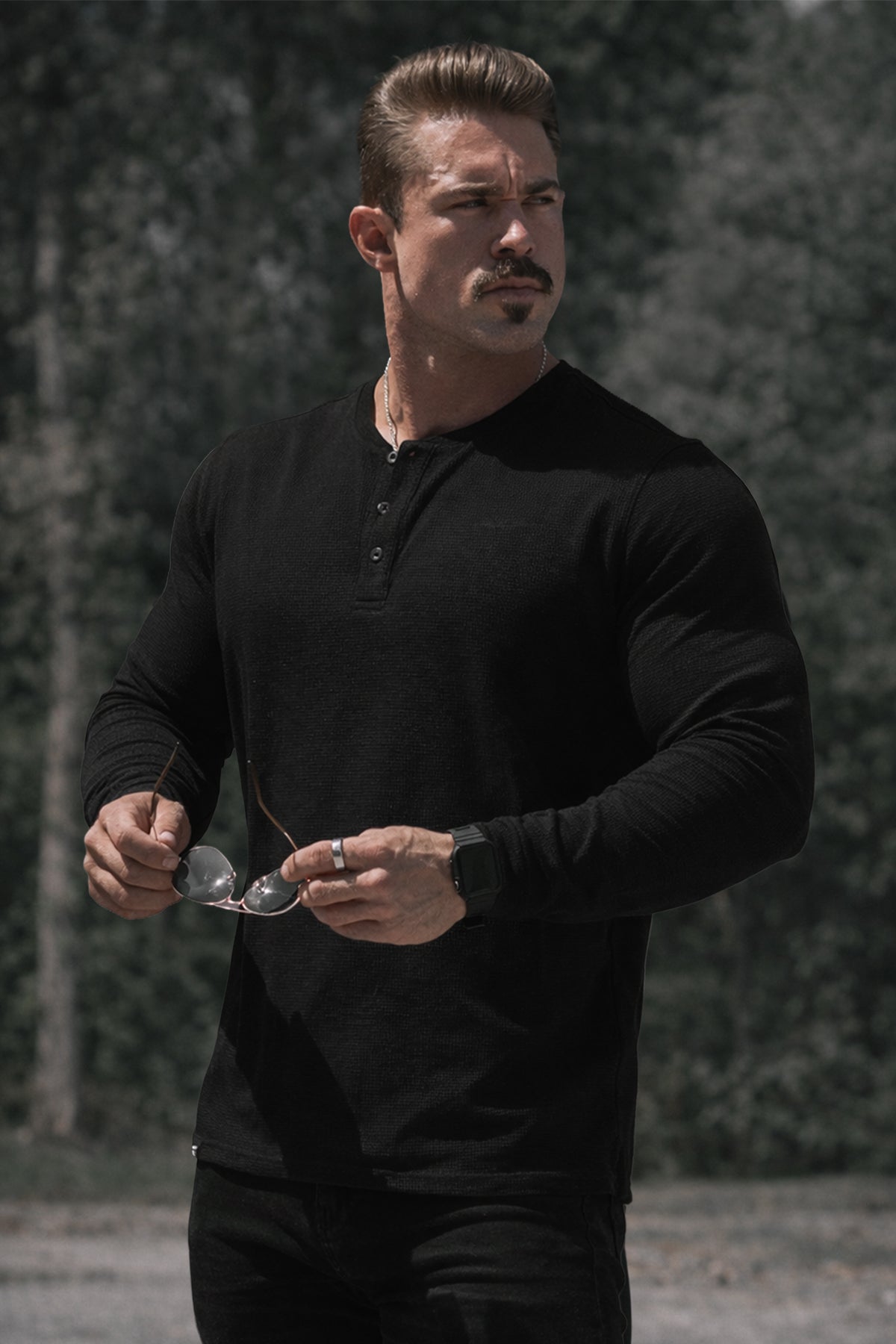 Waffle Knit Henley Long Sleeve T-Shirt - Black – Jed North