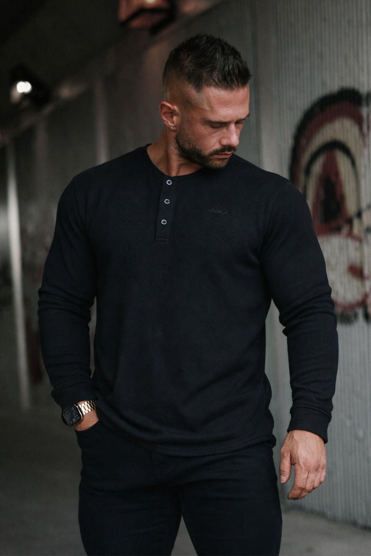 Waffle Knit Henley Long Sleeve T-Shirt - Black – Jed North