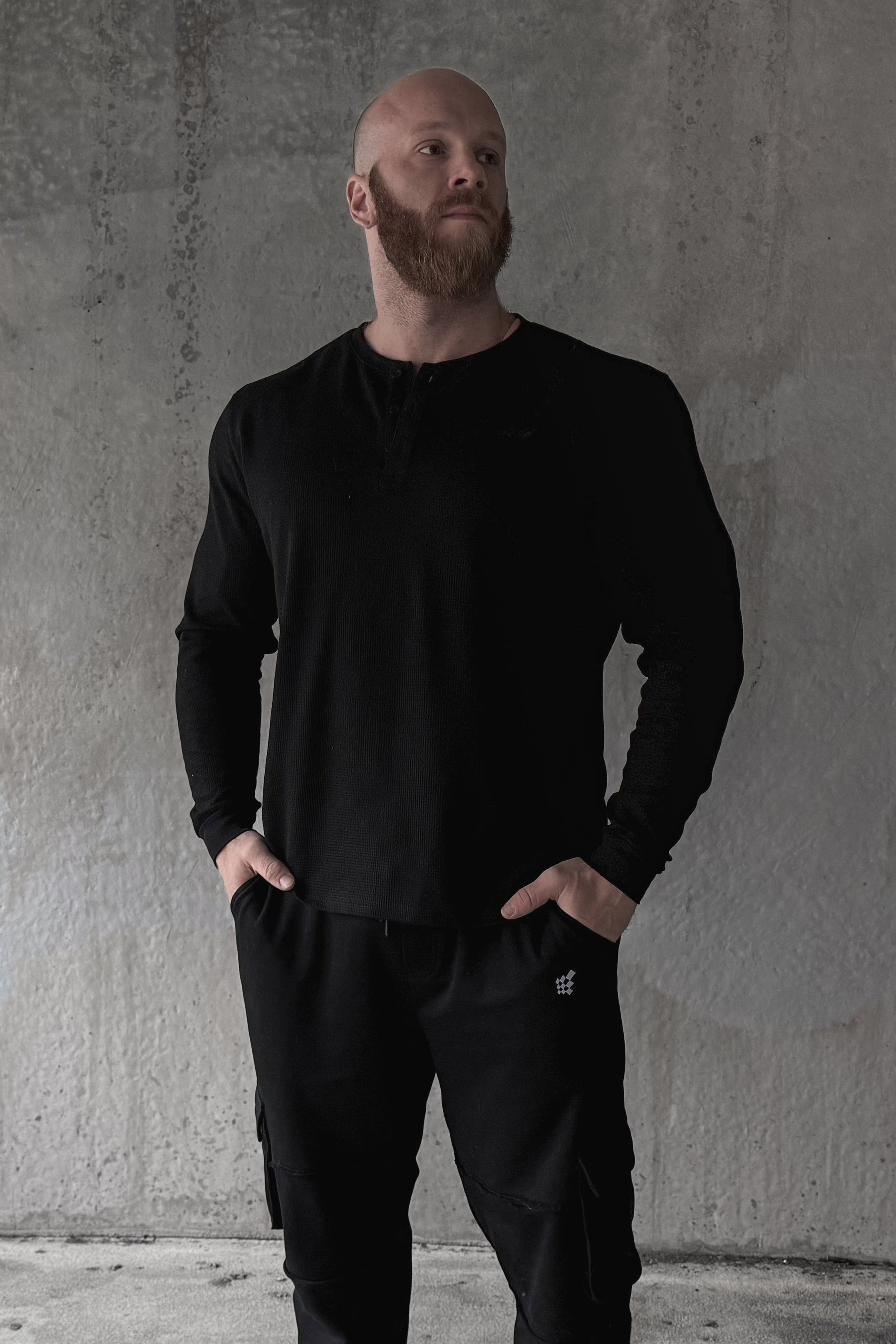 Waffle Knit Henley Long Sleeve T-Shirt - Black – Jed North