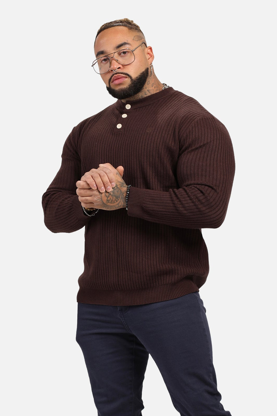 Classic Henley Sweater  - Brown