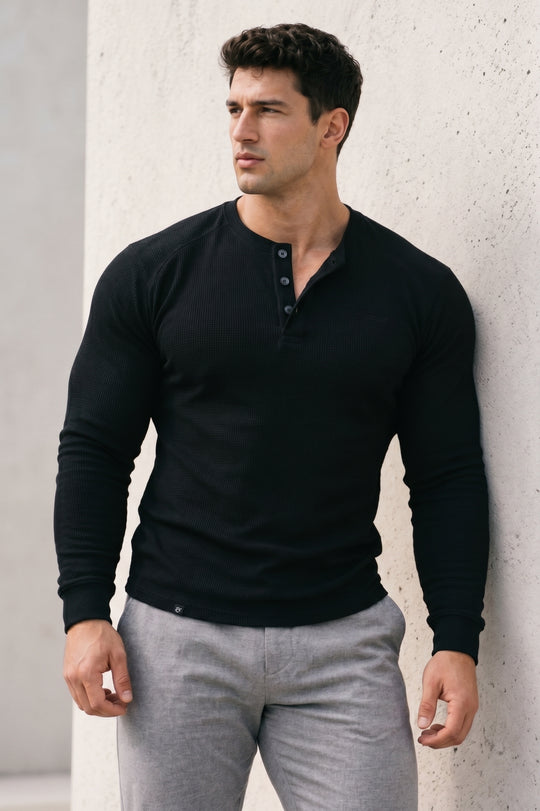 Waffle Knit Henley Long Sleeve T-Shirt - Black