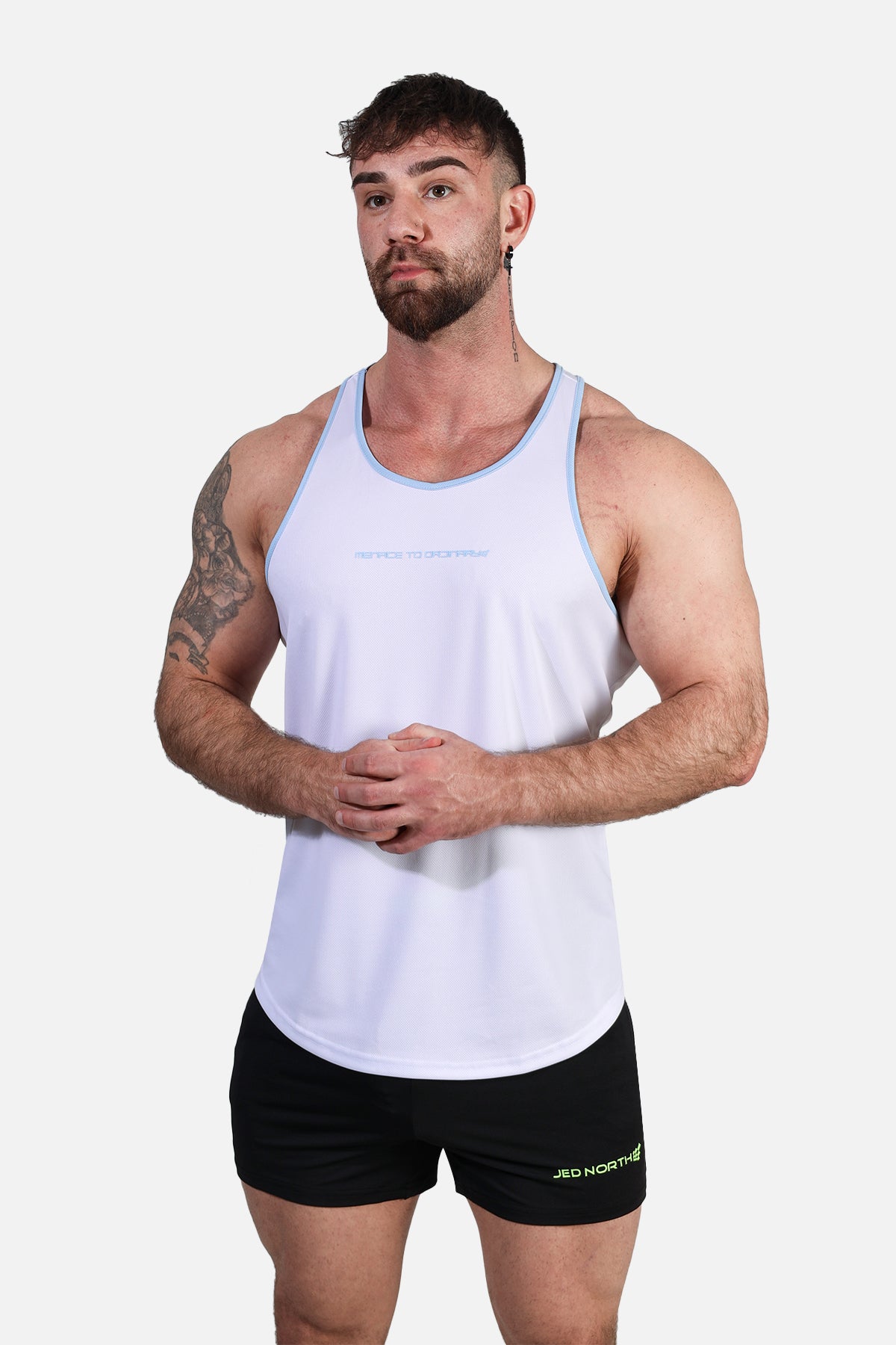 Fast-Dry Bodybuilding Workout Stringer - White with Blue