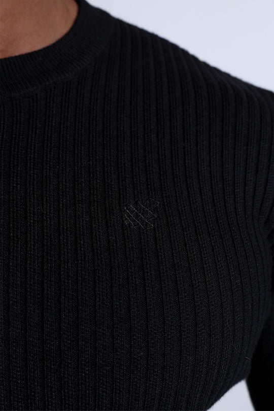 Ribbed Henley Collar Longsleeve  - Black