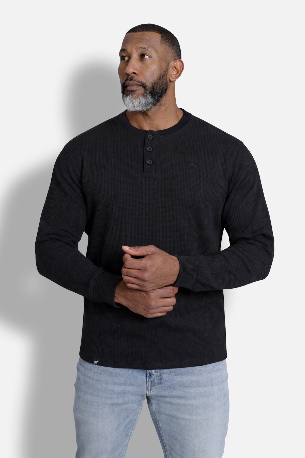 Waffle Knit Henley Long Sleeve T-Shirt - Black – Jed North