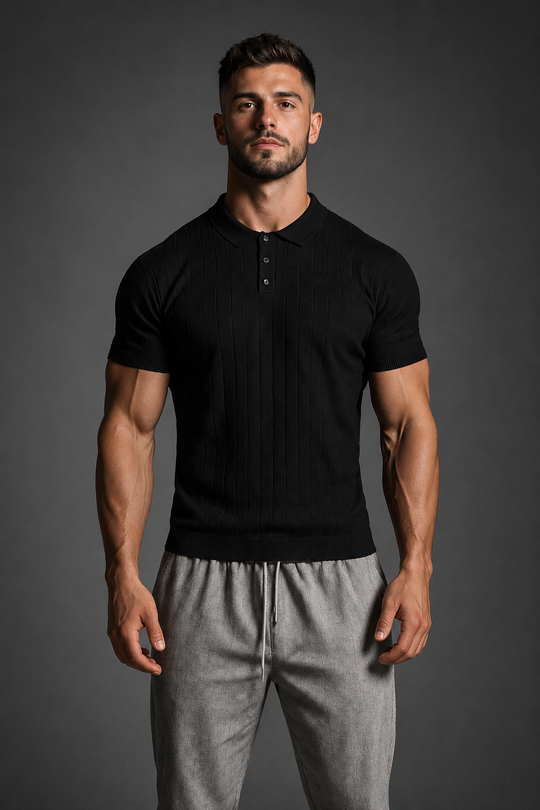 Rib Knit Collared Polo  - Onyx Black