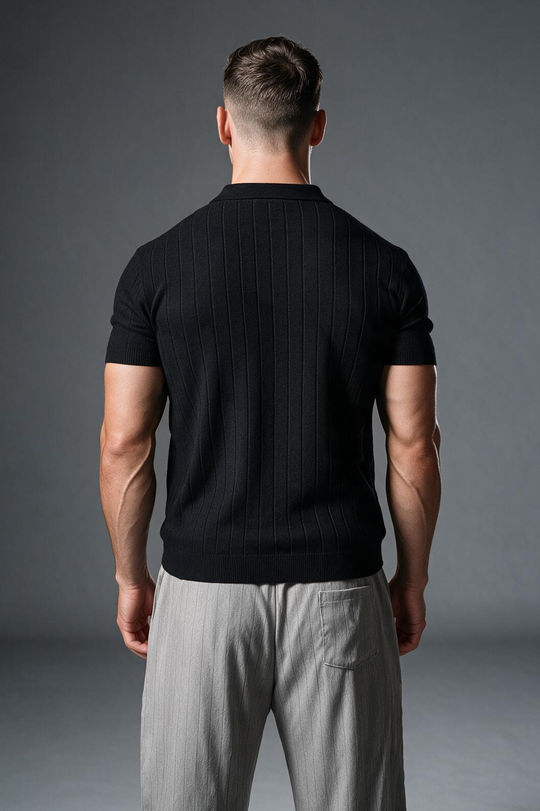 Rib Knit Collared Polo  - Onyx Black