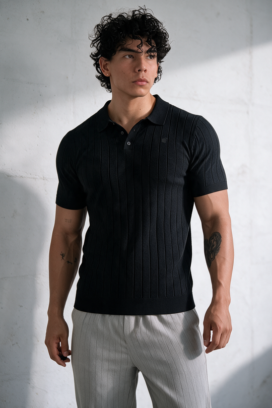 Rib Knit Collared Polo  - Onyx Black