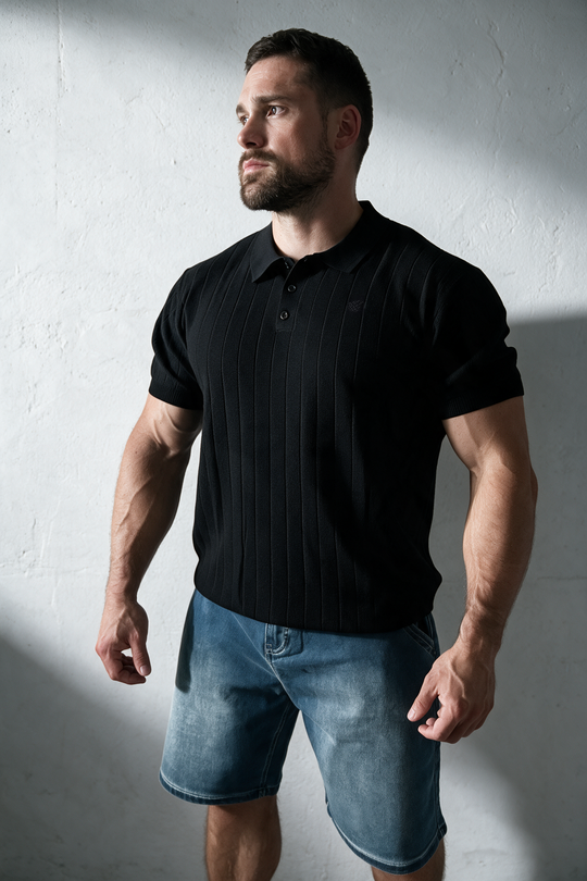 Rib Knit Collared Polo  - Onyx Black