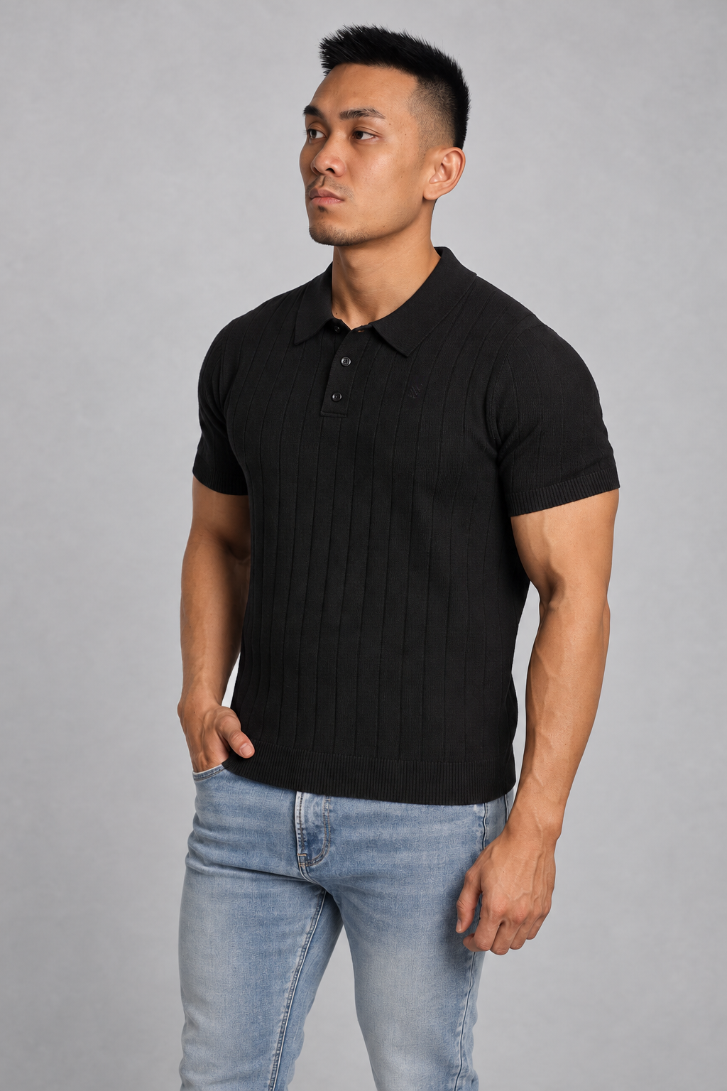 Rib Knit Collared Polo  - Onyx Black