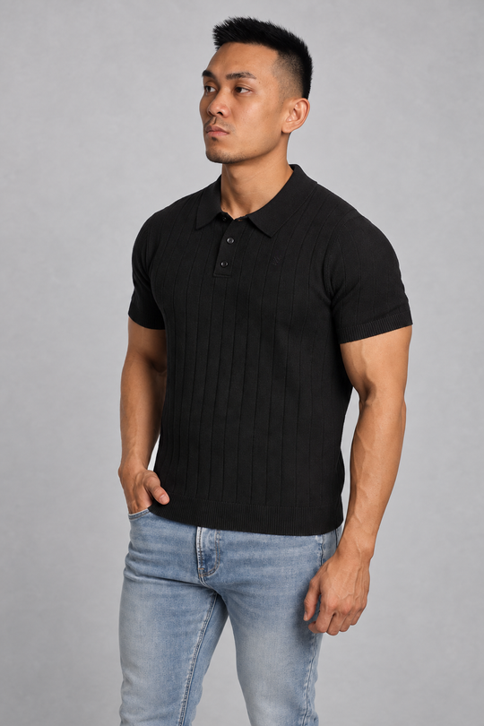 Rib Knit Collared Polo  - Onyx Black