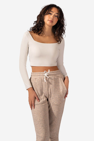 Parallel Square Neck Long Sleeve Crop Top - Cream