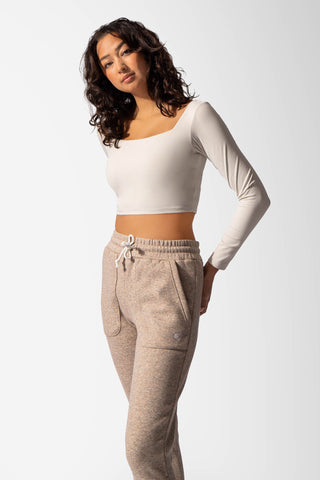 Parallel Square Neck Long Sleeve Crop Top - Cream