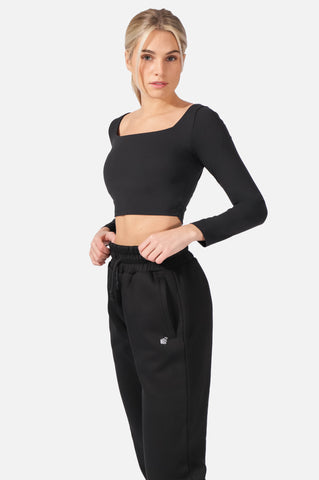 Parallel Square Neck Long Sleeve Crop Top - Black