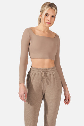 Parallel Square Neck Long Sleeve Crop Top - Khaki