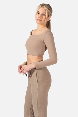 Parallel Square Neck Long Sleeve Crop Top - Khaki