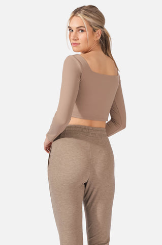 Parallel Square Neck Long Sleeve Crop Top - Khaki