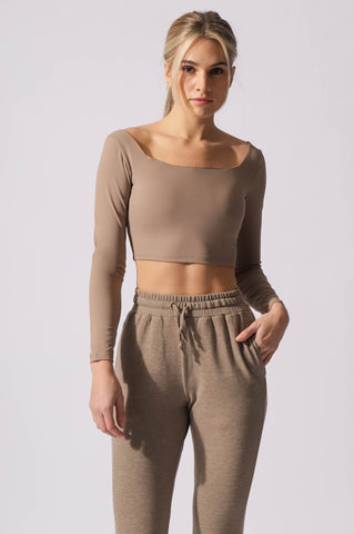 Parallel Square Neck Long Sleeve Crop Top - Khaki