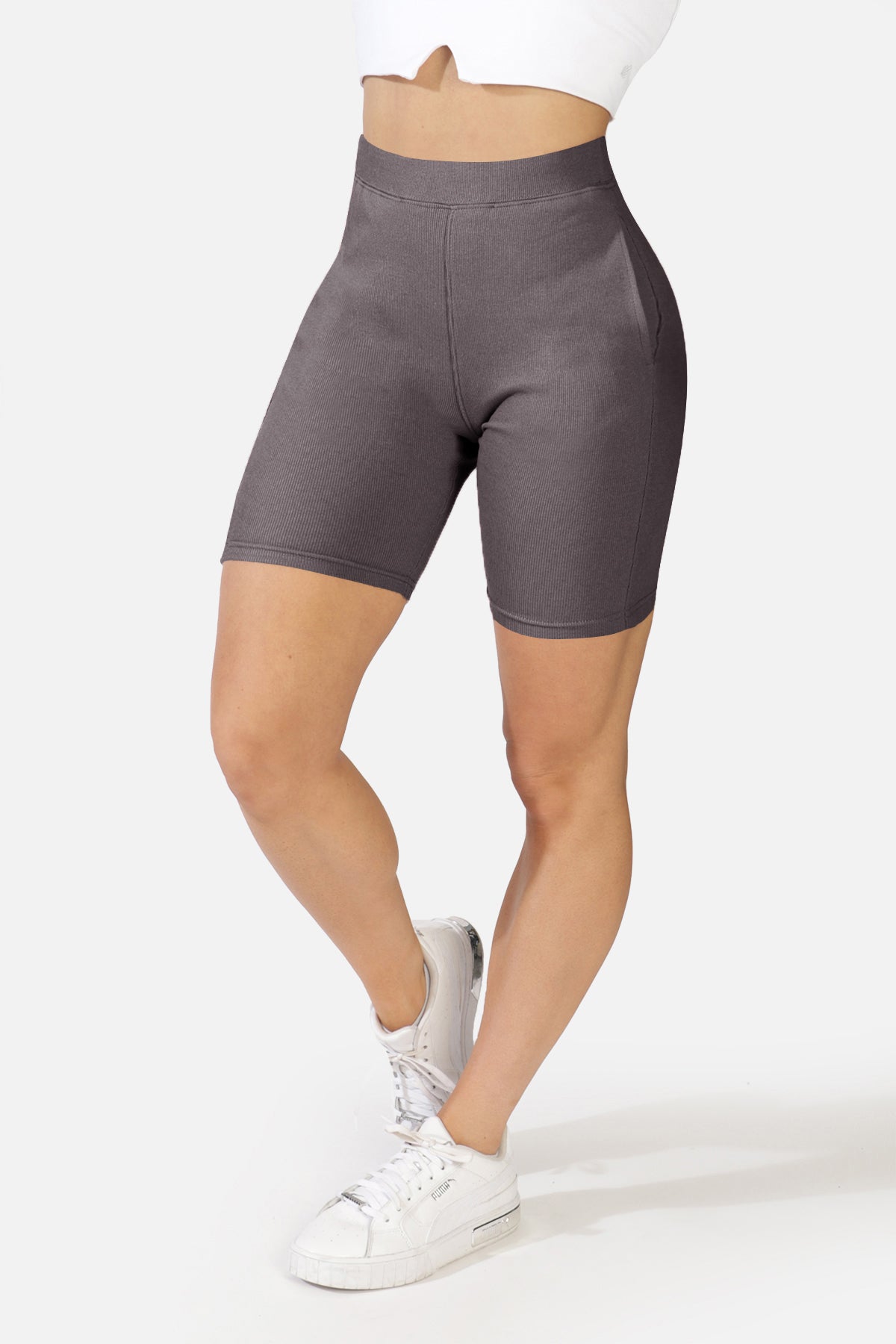 Ivy Ribbed Biker Shorts w Pockets - Dark Gray