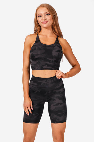 Aria Strappy Back Sports Bra - Black Camo