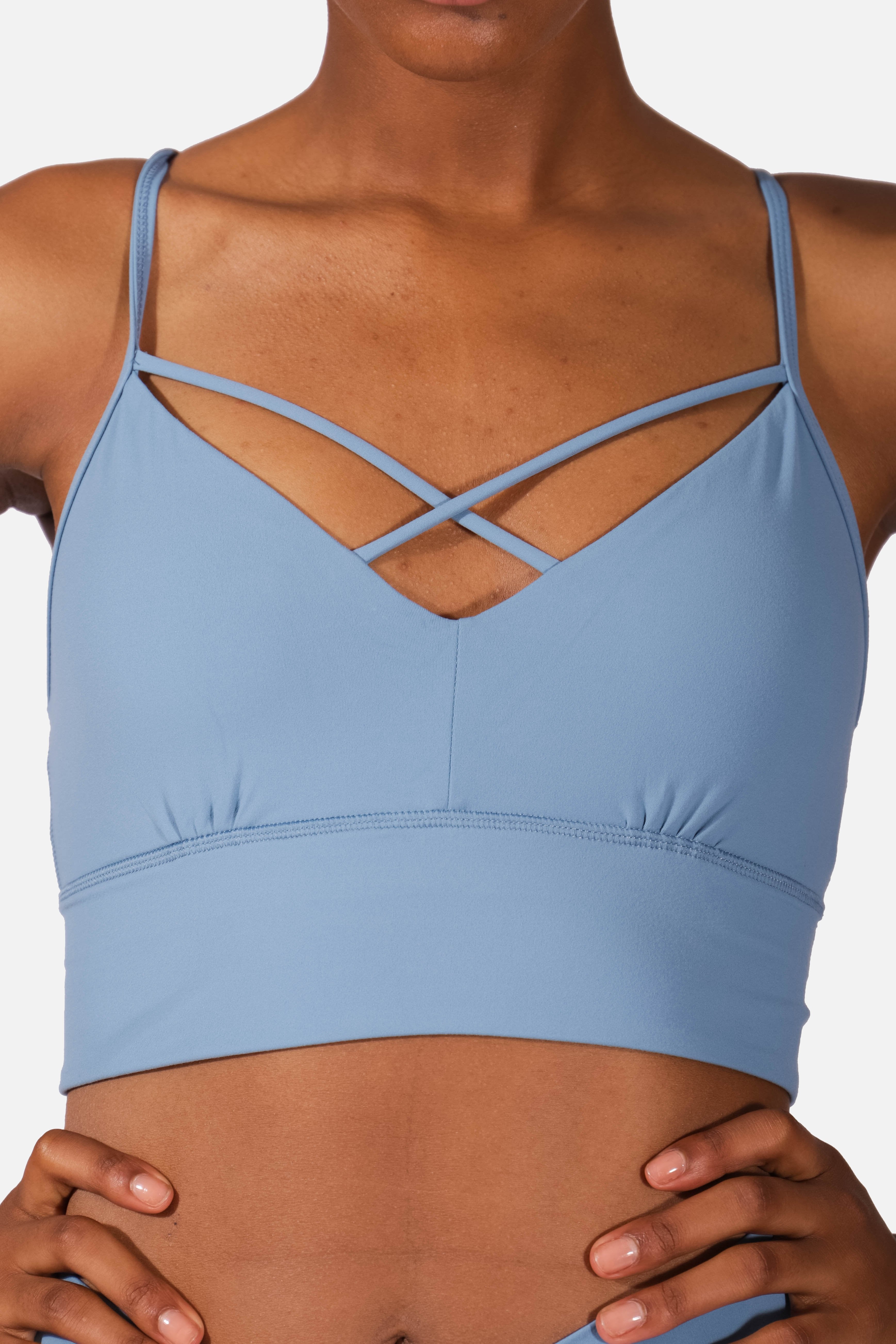 Zip Front Sports Bra Criss Cross Tops Yoga Workout Fitness Light Gray Blue M