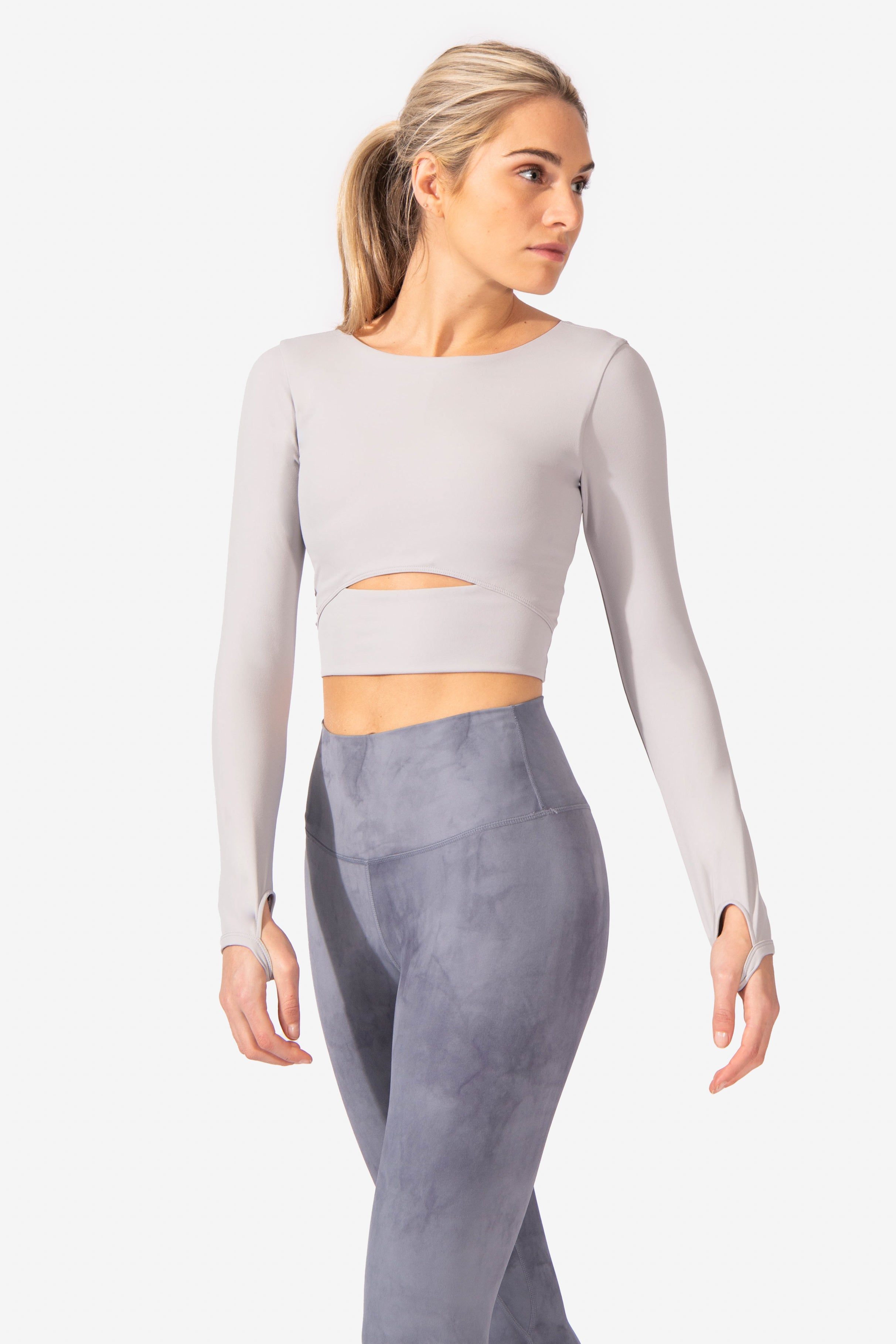 Keyhole Cutout Long Sleeve Padded Crop Top - Gray Women's Long Sleeve Tees Jed North 