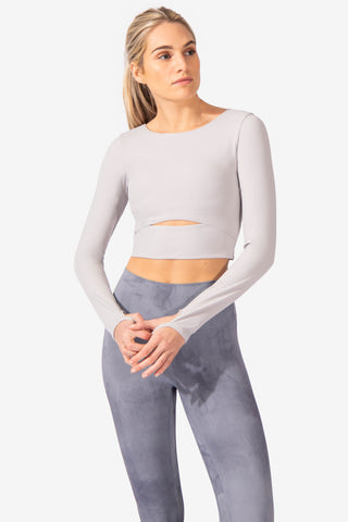 Keyhole Cutout Long Sleeve Padded Crop Top - Gray Women's Long Sleeve Tees Jed North 