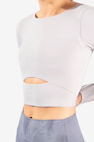 Keyhole Cutout Long Sleeve Padded Crop Top - Gray Women's Long Sleeve Tees Jed North 