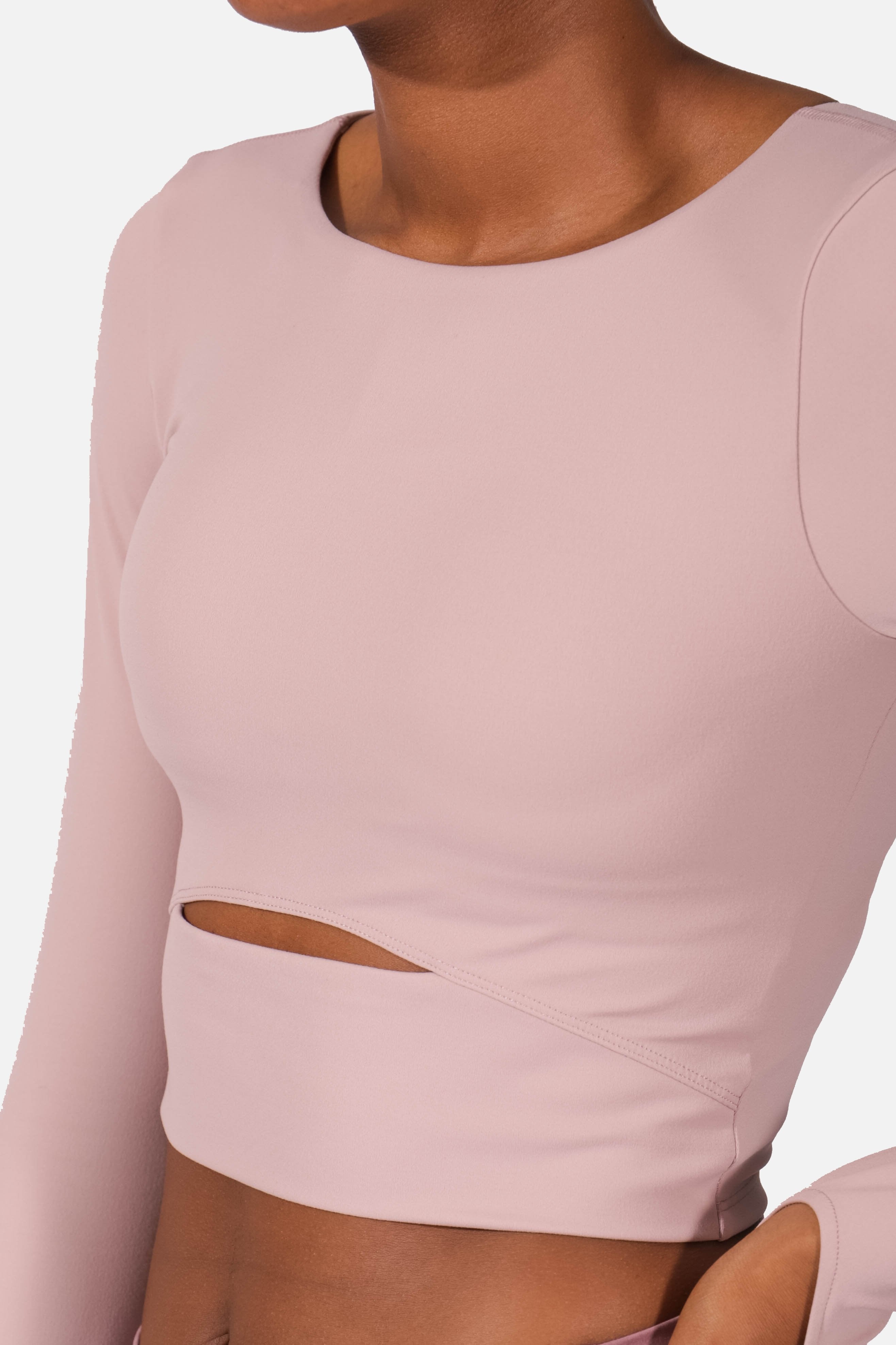 Keyhole Cutout Long Sleeve Padded Crop Top - Pink Women's Long Sleeve Tees Jed North 