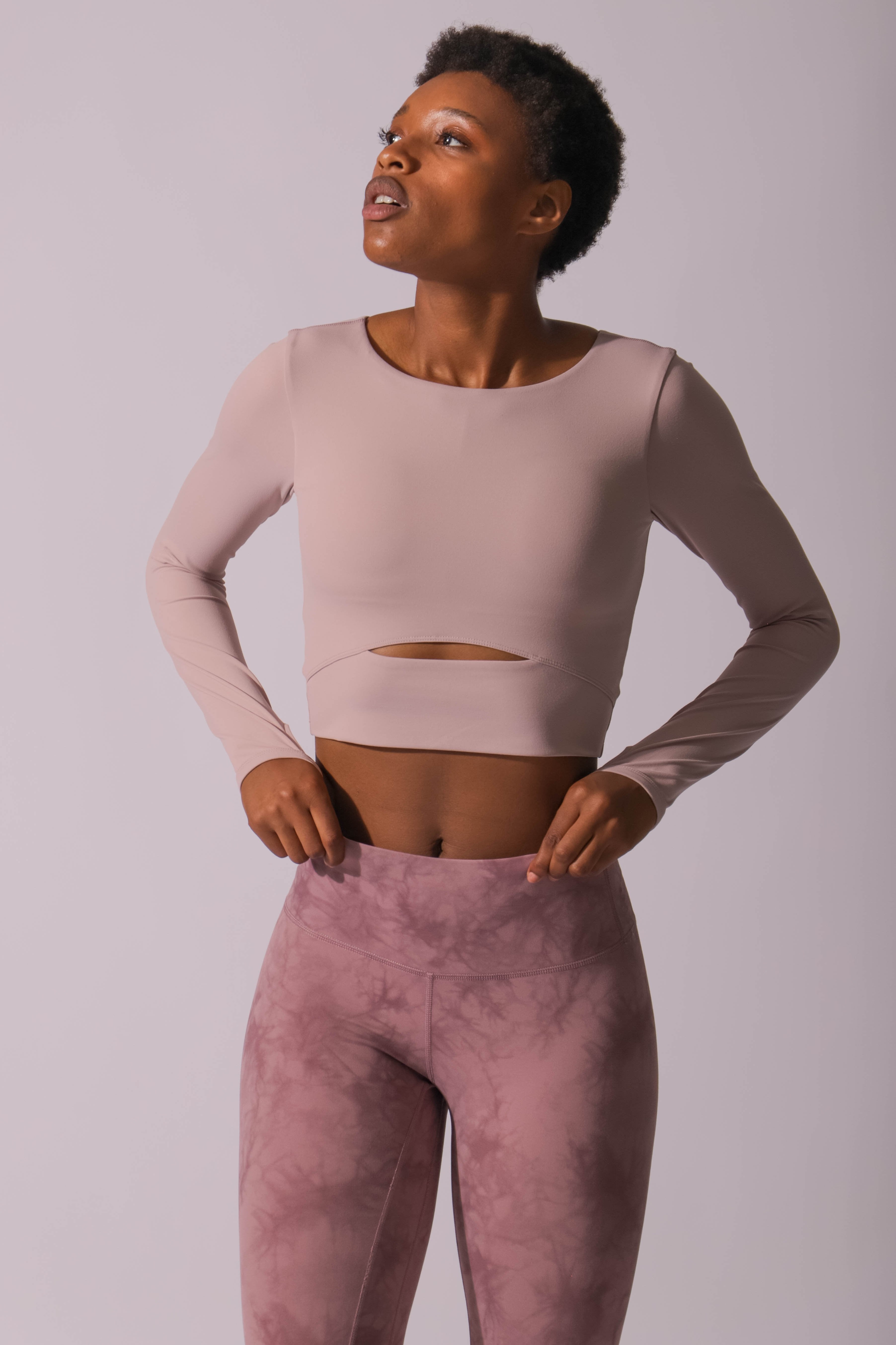 Keyhole Cutout Long Sleeve Padded Crop Top - Pink Women's Long Sleeve Tees Jed North 