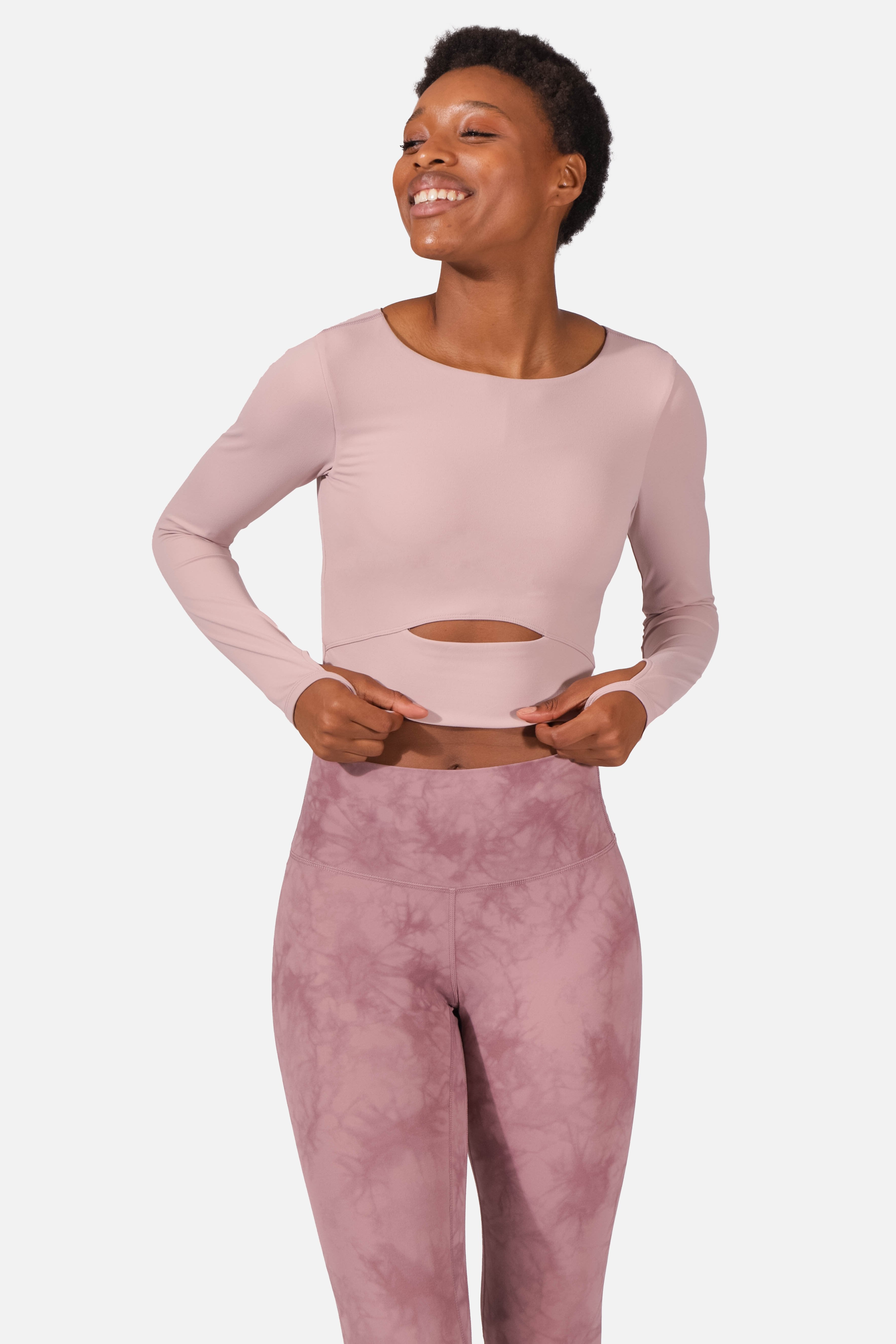 Keyhole Cutout Long Sleeve Padded Crop Top - Pink Women's Long Sleeve Tees Jed North 