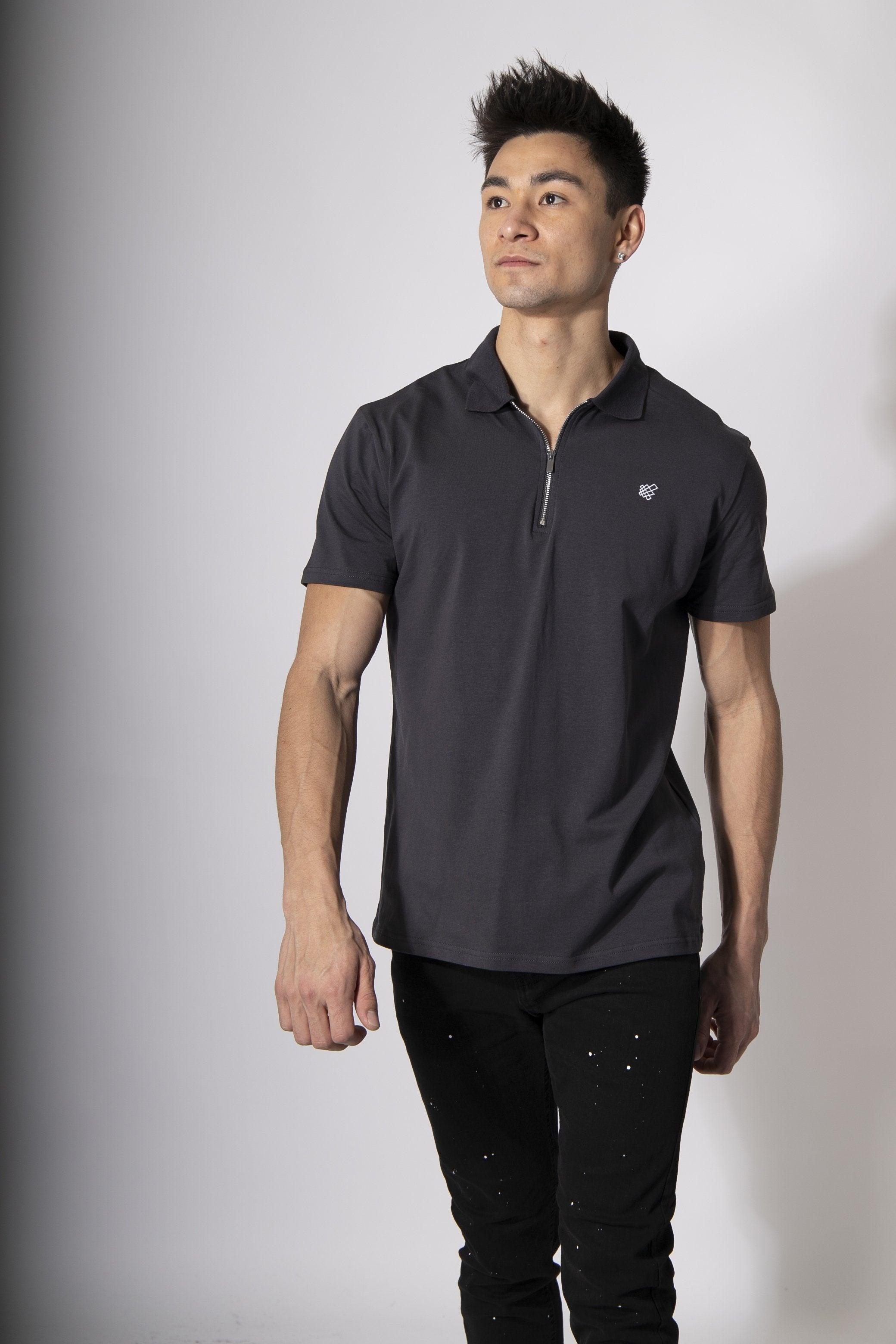 Men's Fitted Zipper Polo Shirt - Dark Gray T-Shirts Jed North 