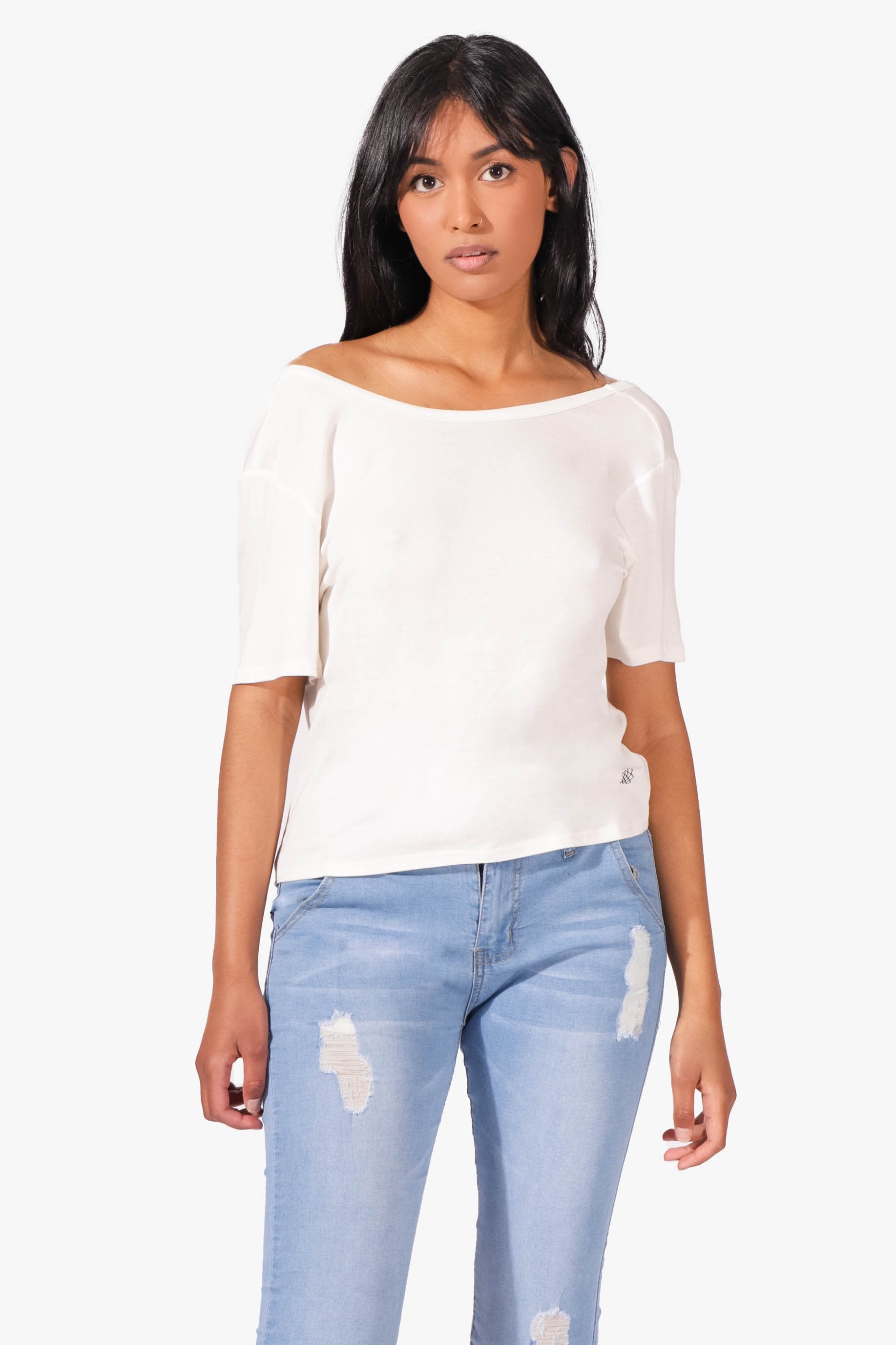 Over-The-Shoulder Wide Crew Neck Top - White Women's Crop Top Jed North 