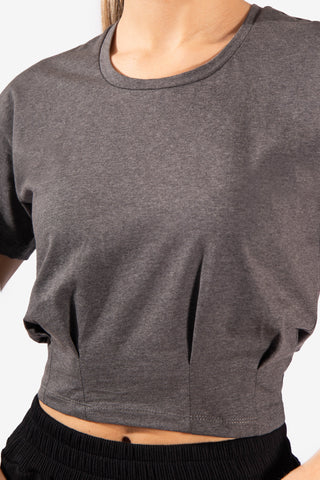 Pleated Hem Crop Top Short Sleeve T-Shirt - Dark Gray Women's Crop Top Jed North 