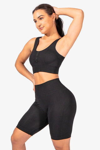 Ribbed Button Detailing Sports Bra - Black Sports Bra Jed North 