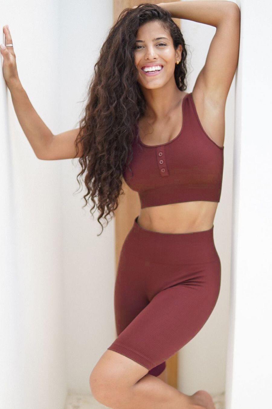 Ribbed Button Detailing Sports Bra - Maroon Sports Bra Jed North 