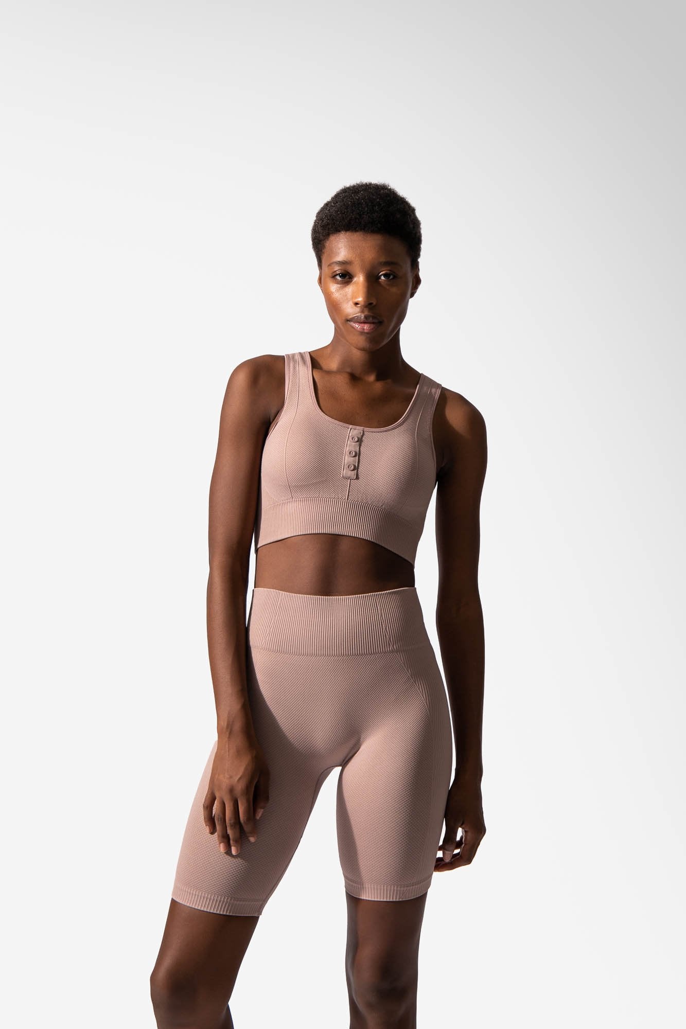 Ribbed Button Detailing Sports Bra - Nude Pink Sports Bra Jed North 