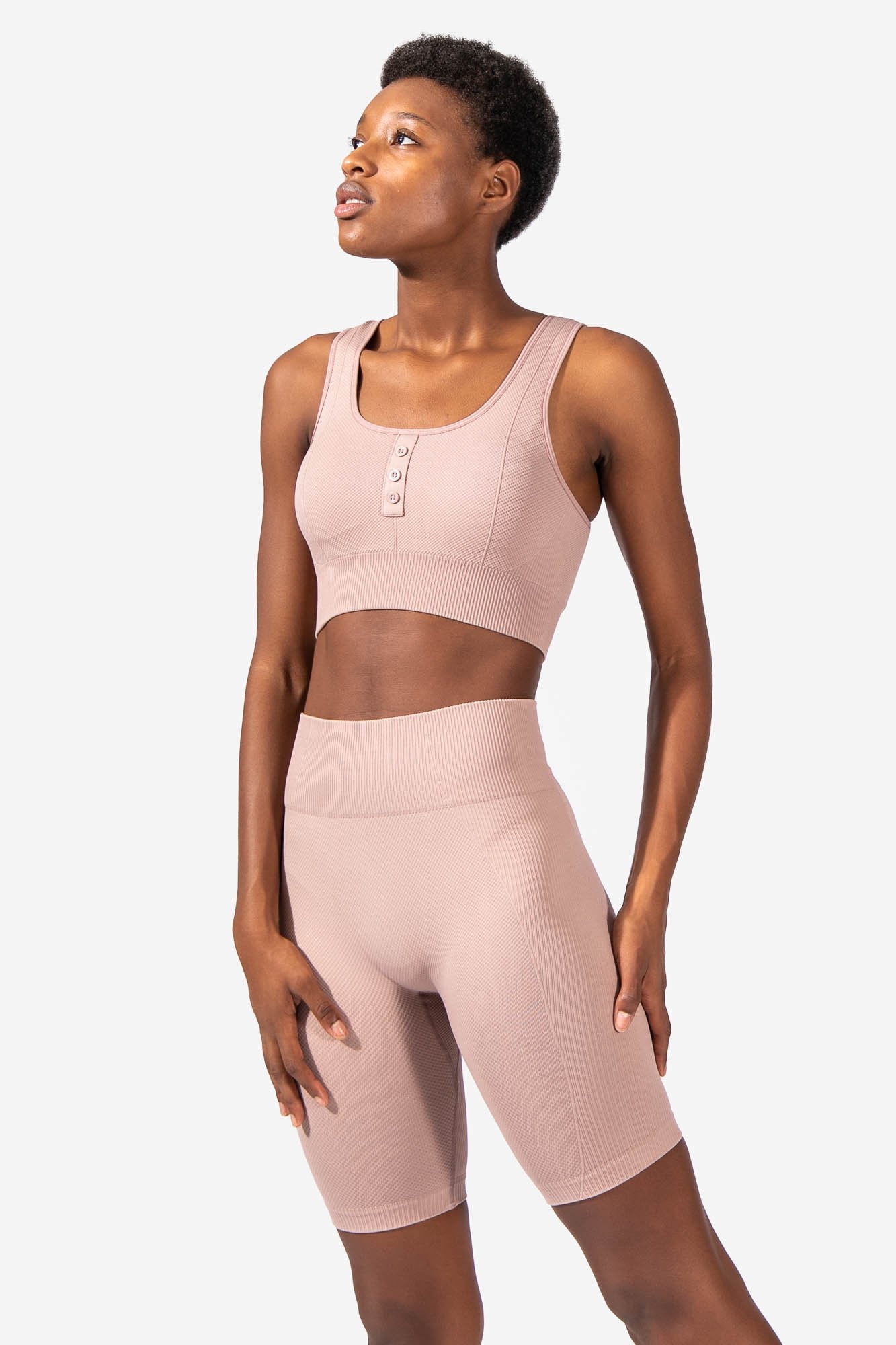 Ribbed Button Detailing Sports Bra - Nude Pink Sports Bra Jed North 