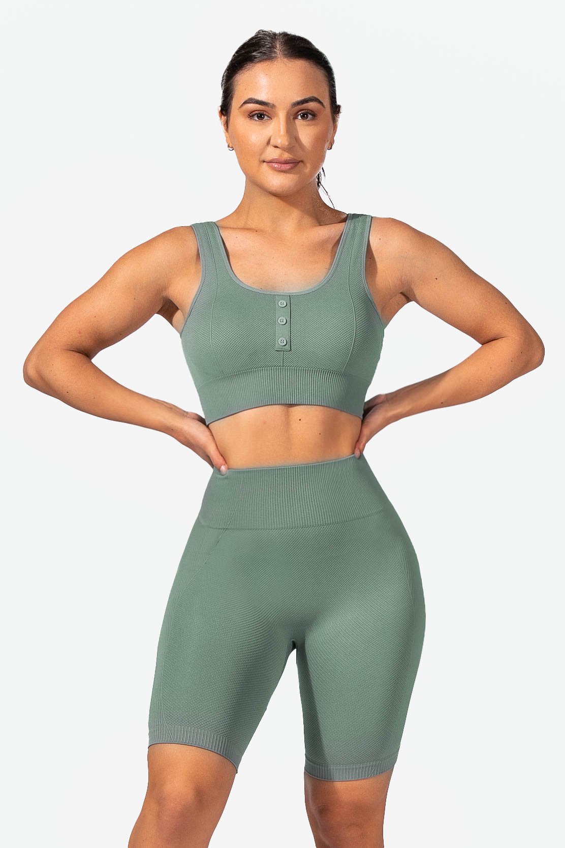 Ribbed Button Detailing Sports Bra - Teal Jed North 